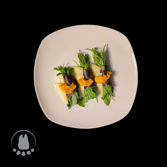 Rezept Lomo Iberico & Rucola Rollen mit Manchego Käse & Salmorejo
