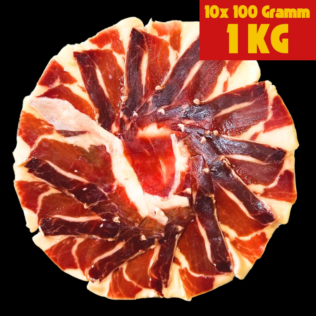 🟢 1 Kg - Grünes Etikett - Handgeschnitzter Iberico Schinken 'Bellota Pata Negra', 18+ Monate gereift - 100% natürlich
