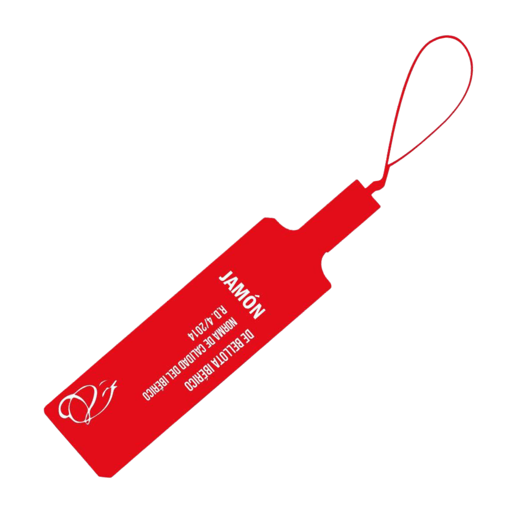 Rotes Zertifizierungsband des iberischen Jamón – Bellota 50 % Qualität
