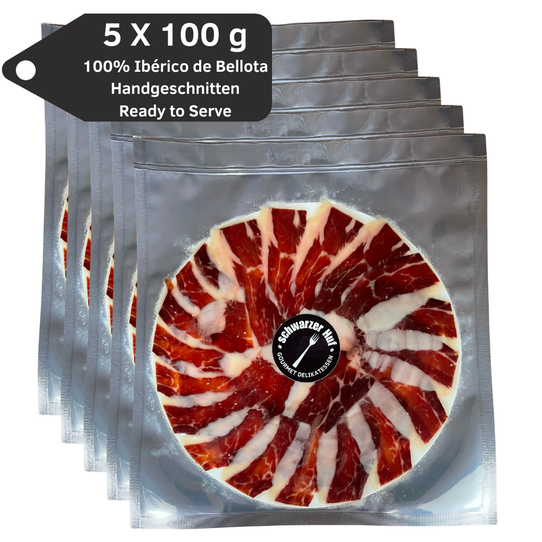 Jamón Ibérico de Bellota 100 % – handgeschnitten - Halbe Kilo (5x 100 g)