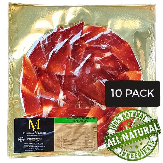 Leckerer Iberico Pata Negra Schinken aus Eichelmast, hauchdünn geschnitten und vakuumverpackt.