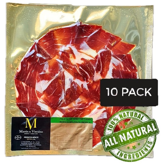Leckerer Iberico Pata Negra Schinken aus Eichelmast, hauchdünn geschnitten und vakuumverpackt.