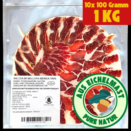 ⚫️ 1 Kg - Schwarzes Etikett - Handgeschnitzter Iberico Vorderschinken 'Bellota Pata Negra', 24+ Monate gereift - 100% natürlich