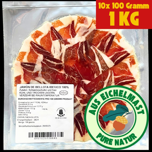 ⚫️ 1 Kg - Schwarzes Etikett - Handgeschnitzter Iberico Schinken 'Bellota Pata Negra', 36+ Monate gereift - 100% natürlich