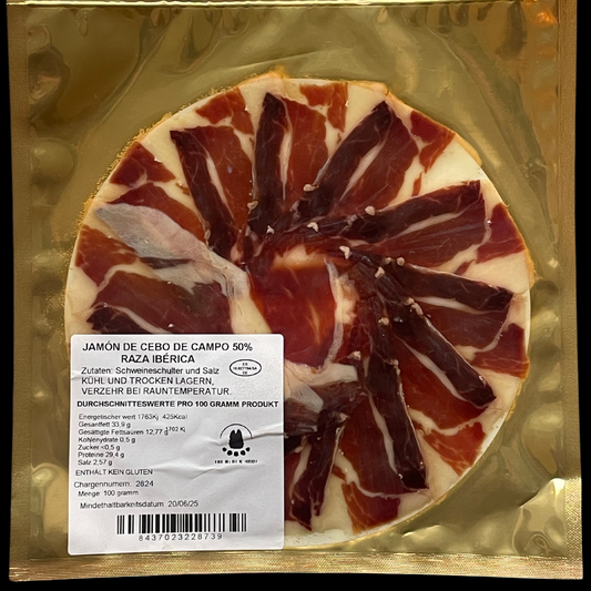 🟢 100 g - Grünes Etikett - Handgeschnitzter Iberico Schinken 'Bellota Pata Negra', 18+ Monate gereift - 100% natürlich