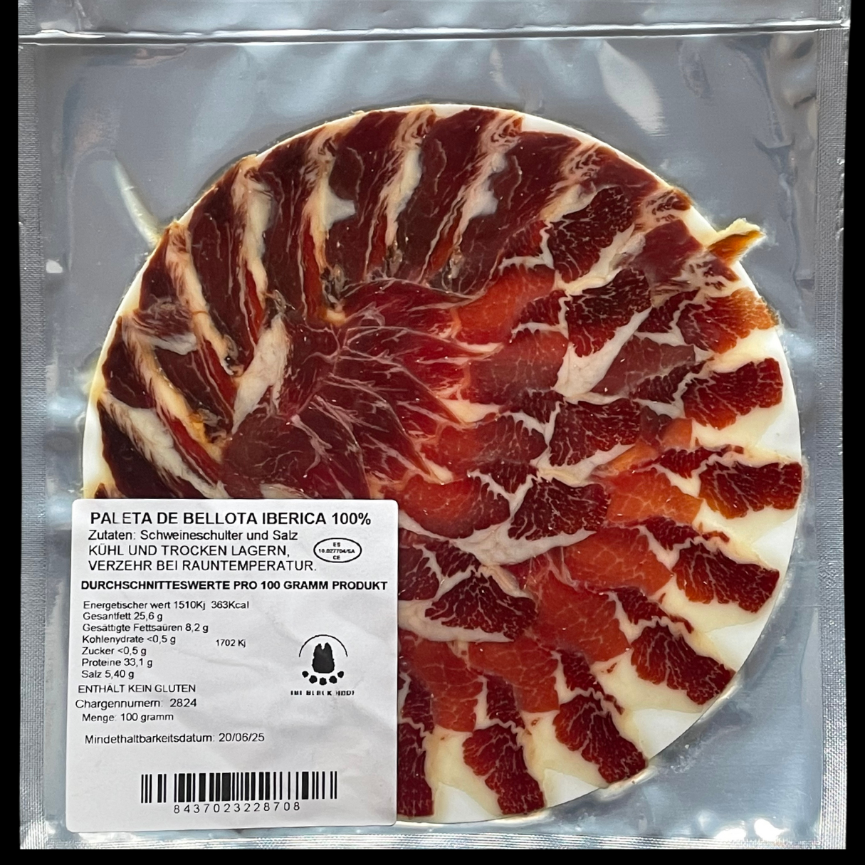 ⚫️ 100 g - Schwarzes Etikett - Handgeschnitzter Iberico Vorderschinken 'Bellota Pata Negra', 24+ Monate gereift - 100% natürlich