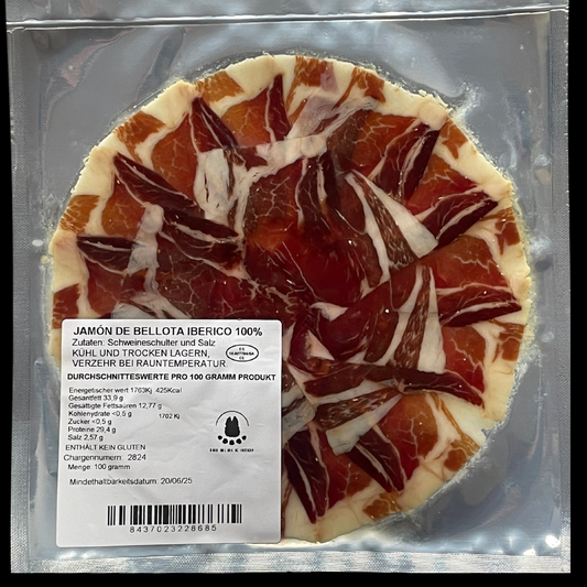 ⚫️ 100 g - Schwarzes Etikett - Handgeschnitzter Iberico Schinken 'Bellota Pata Negra', 36+ Monate gereift - 100% natürlich