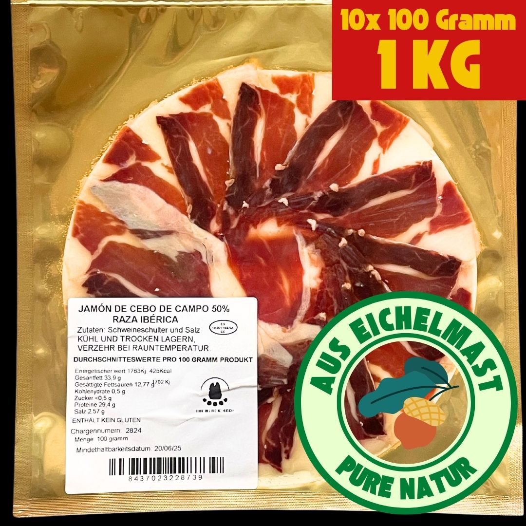 🟢 1 Kg - Grünes Etikett - Handgeschnitzter Iberico Schinken 'Bellota Pata Negra', 18+ Monate gereift - 100% natürlich