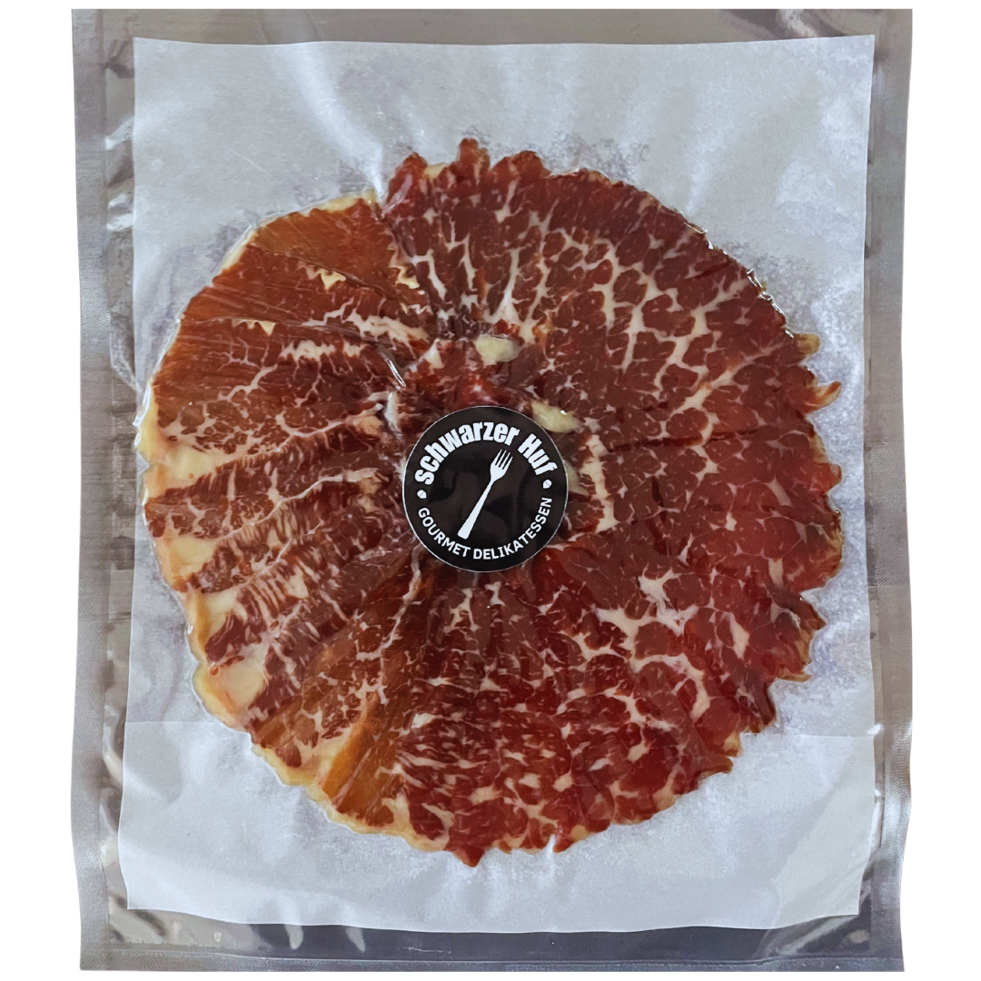 Handgeschnittene Cecina de León, luftgetrocknetes und mild über Akazienholz geräuchertes Rindfleisch, 90 g vakuumverpackt