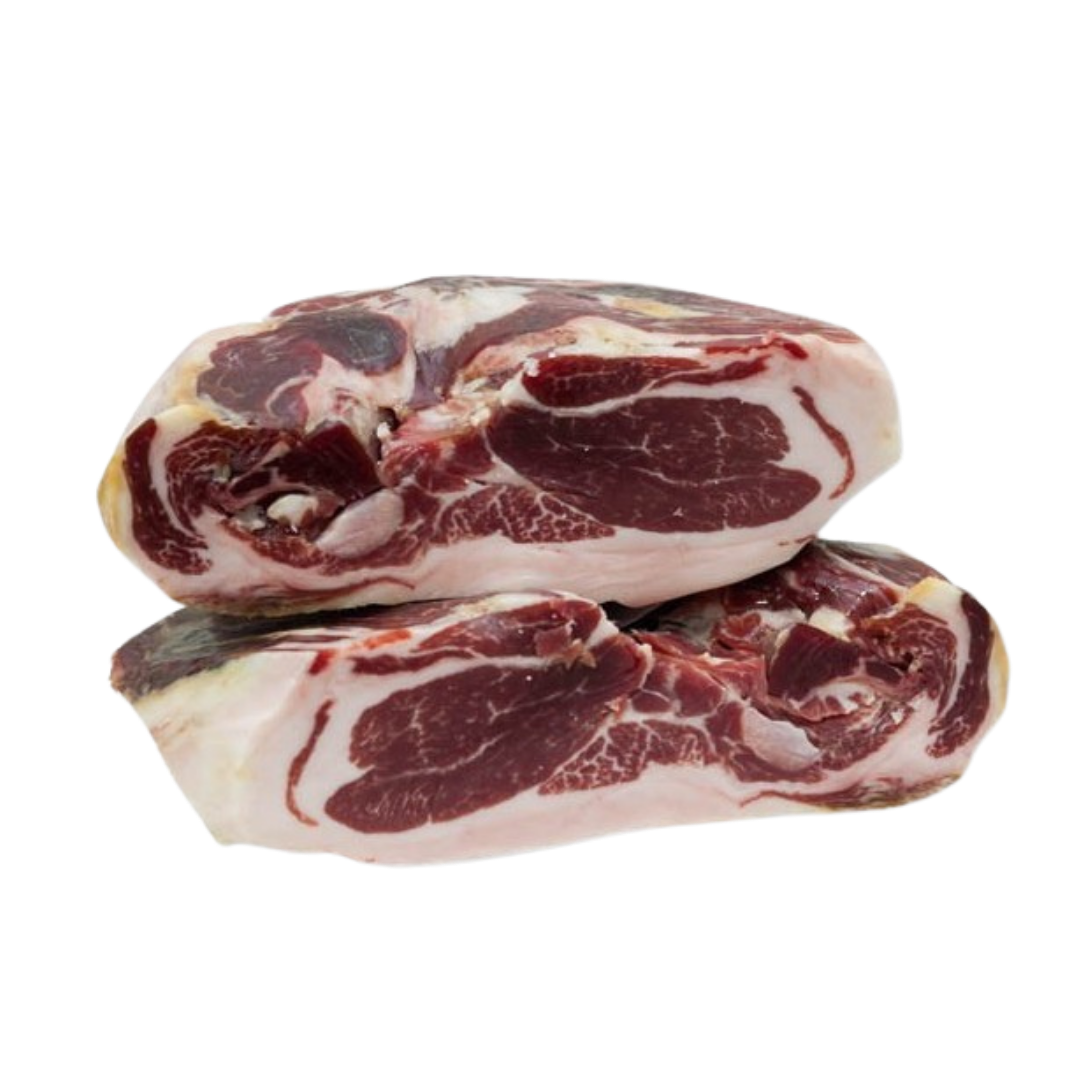 Paleta Iberica ohne Knochen, in zwei Stücke geschnitten, bereit für maschinellen Schnitt