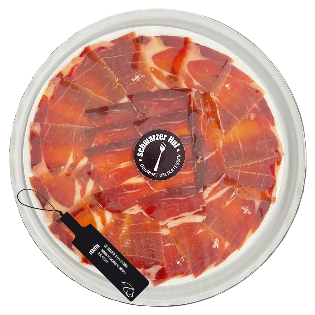 Handgeschnittener Jamón Ibérico Black Label Bellota 100 % in Schutzatmosphäre, 90 g Pata Negra