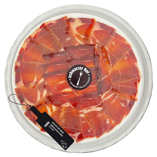Handgeschnittener Jamón Ibérico Black Label Bellota 100 % in Schutzatmosphäre, 90 g Pata Negra