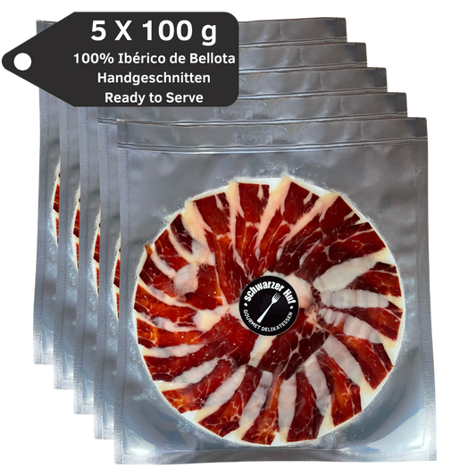 Jamón Ibérico de Bellota 100 % – handgeschnitten - Halbe Kilo (5x 100 g)