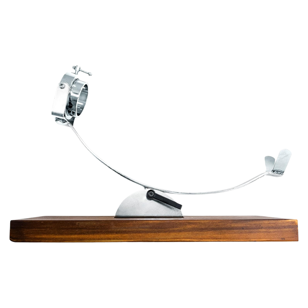 Seitliche Ansicht des Schinkenhalters NERTHUS FIJ 853 mit gebogenem Edelstahlarm und Holzsockel